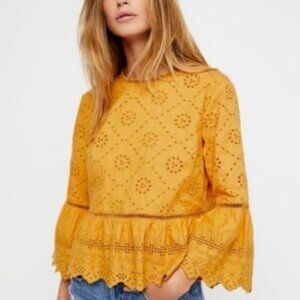 Free People Merci Beaucoup Top Size Medium Mustard Yellow Embroidered Eyelet